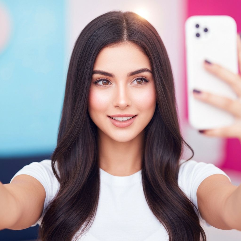 Woman using GlamCam beauty filter